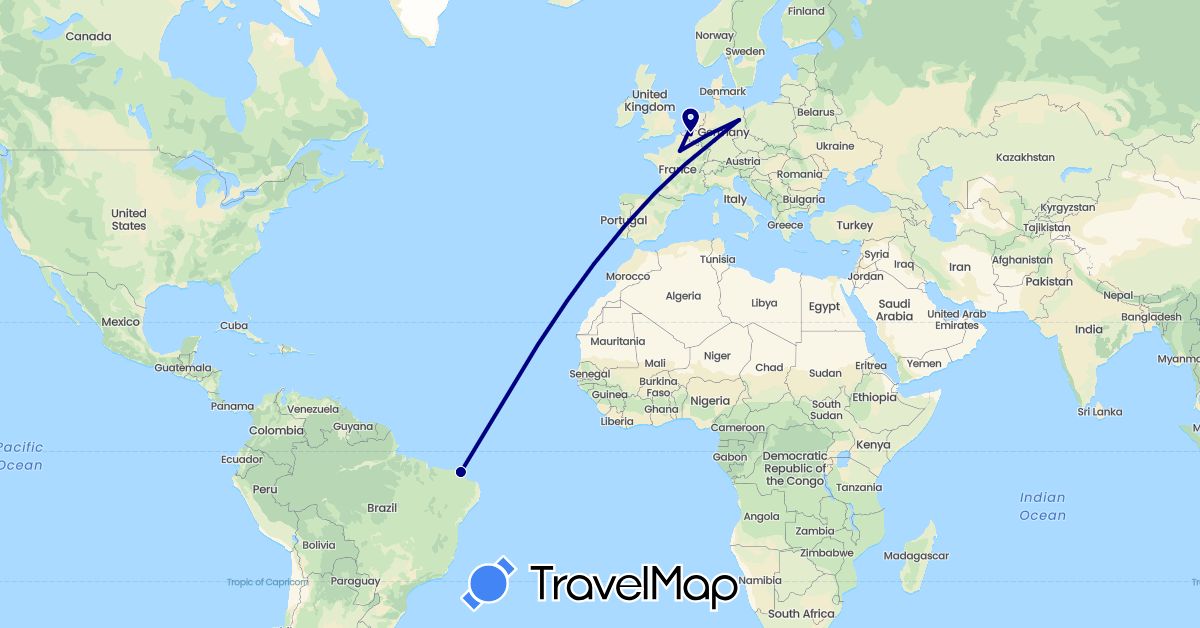 TravelMap itinerary: driving in Belgium, Brazil, Germany, France, Netherlands (Europe, South America)